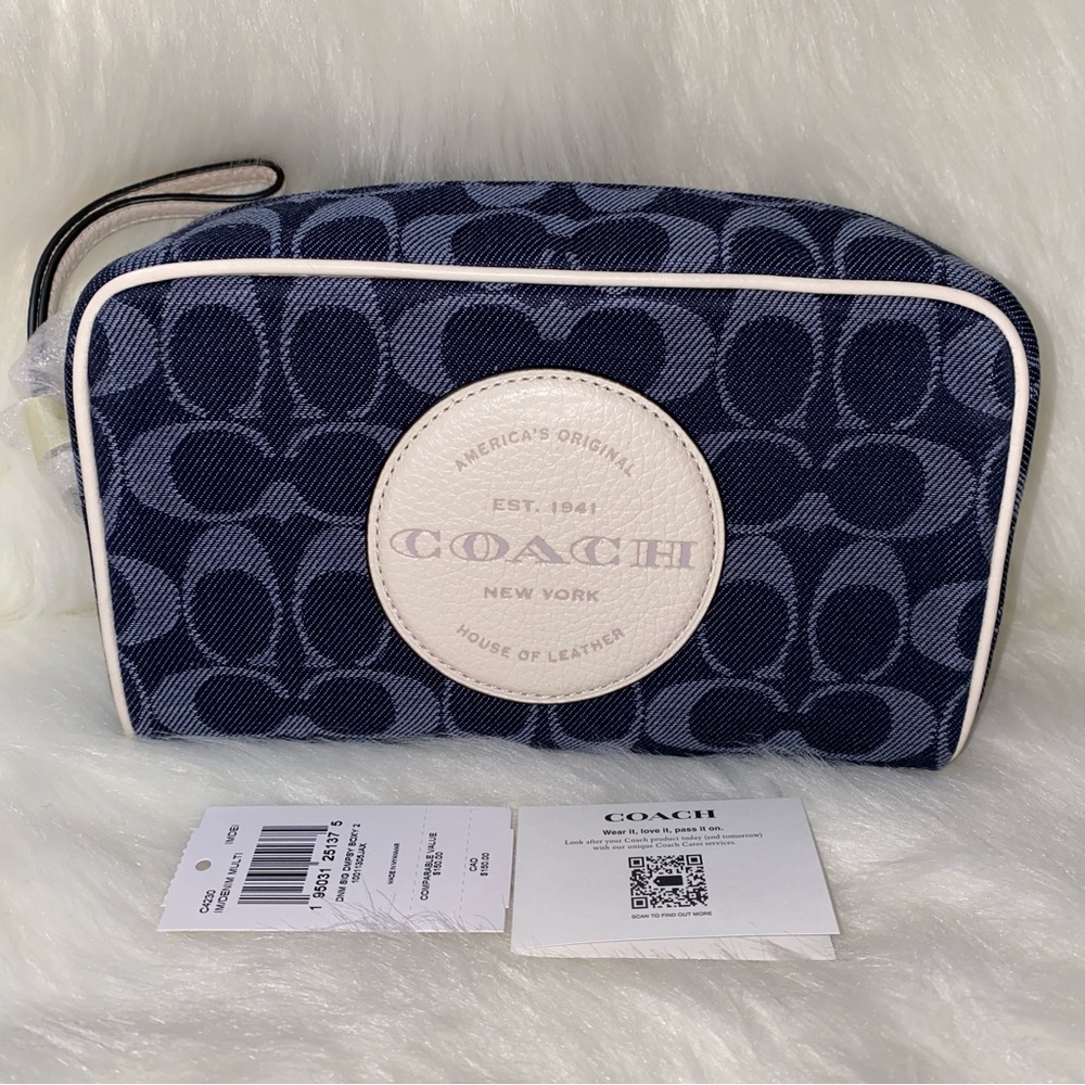 Coach Dempsey Boxy Cosmetic Case 20 In Signature Denim With Coach Patch New